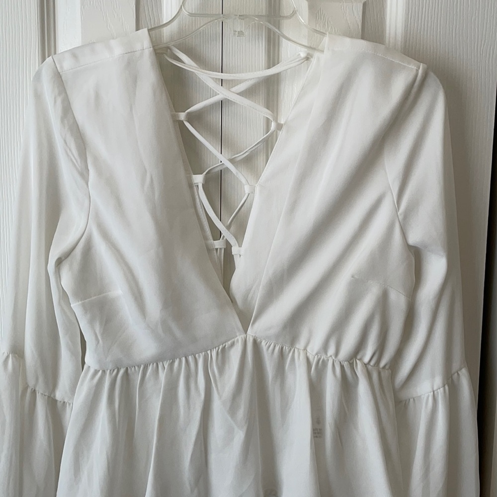 White Tobi Bell Sleeve Blouse with crisscross tie back